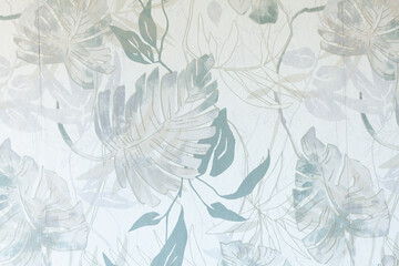 Delicate floral wallpaper with pastel blue and green leaves creating a serene, botanical aesthetic. Elegant home decor.