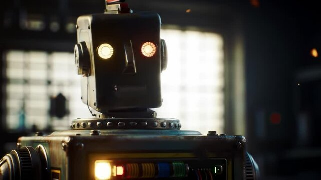 Robot interacts in a futuristic workshop during a creative project
