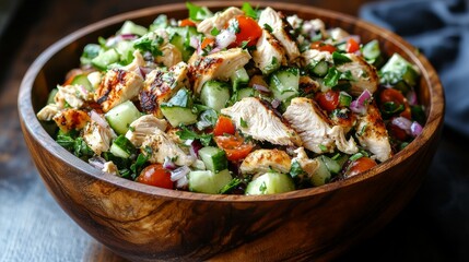 Oversized Wooden Bowl Filled with Fresh Chicken Salad on Rustic Table