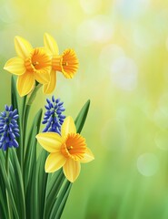 Fototapeta premium Springtime flowers in soft focus. Yellow daffodils and blue hyacinths, vibrant colors against a blurry, green backdrop