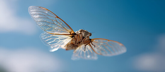 A Cicada flying mid-air with its transparent wings beating rapidly, against a clear blue sky. The focus is on the fine details of the wings and body.