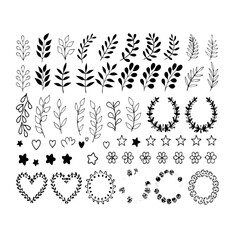 A vector set of black and white floral elements features vintage flower, leaf, and swirl illustrations for tattoo or ornament design.