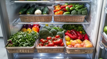 Refrigerator with Open Baskets Overflowing with Colorful Fresh Fruits and Vegetables
