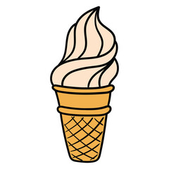 Hand drawn cartoon ice cream in waffle cup on white background.