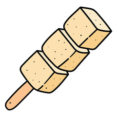 Hand drawn cartoon marshmallow on a stick on white background.