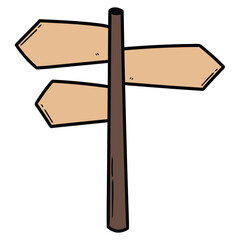 Hand drawn cartoon wooden way direction sign on white background.