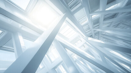 Minimalist perspective of white metal structure with light streaming through