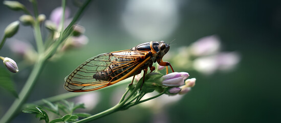 A Cicada perched on a flower stem, its wings fluttering slightly as it prepares to take flight. The scene is captured in bright, natural light.