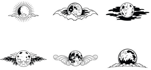 Full moon unique hand drawn line art silhouette vector set design