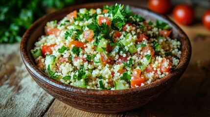 Vibrant Couscous Salad with Fresh Parsley and Juicy Tomatoes on Rustic Wooden Surface - A Taste of Eastern Cuisine