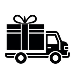 A cartoon delivery truck, a vibrant vector illustration of freight transport, carries a gift box for a speedy shipping service.