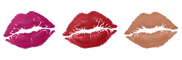 Lip prints set, lipstick kiss. Fuchsia Pink, Classic Red, Nude Beige colors. Beauty, sensual makeup, cosmetics branding, romantic Valentine's, glamor, love. Isolated on white or transparent