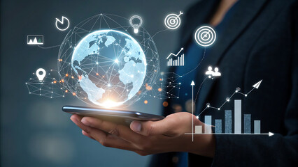 Smartphone with Holographic Globe, Digital Business Icons, Global Connectivity"