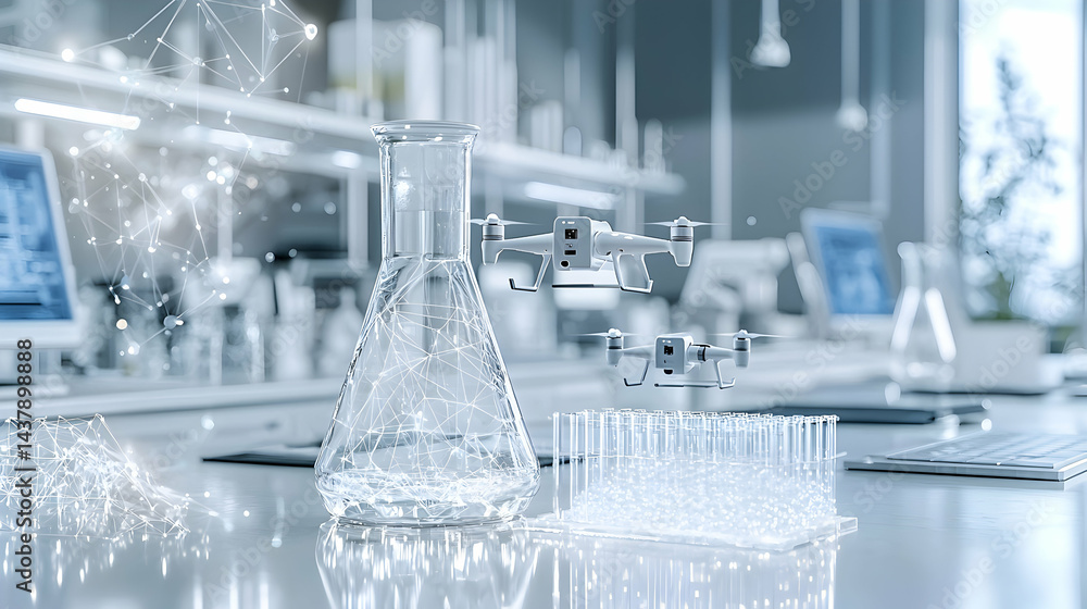 Poster a futuristic lab scene showing drones flask and test tubes surrounded by connected networks of light