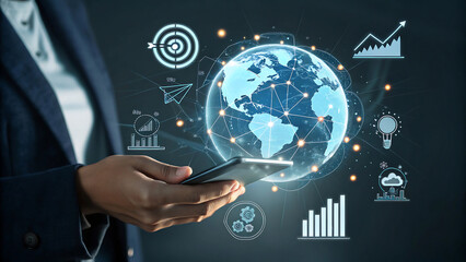 Smartphone with Holographic Globe, Digital Business Icons, Global Connectivity"