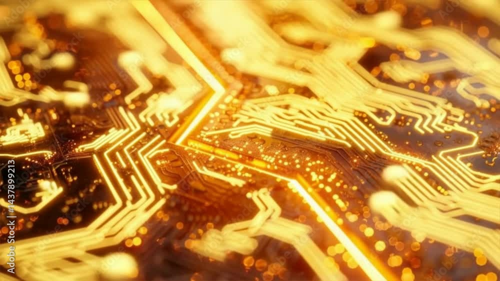 Poster close-up of an intricate gold circuit board with glowing patterns, symbolizing advanced electronics 
