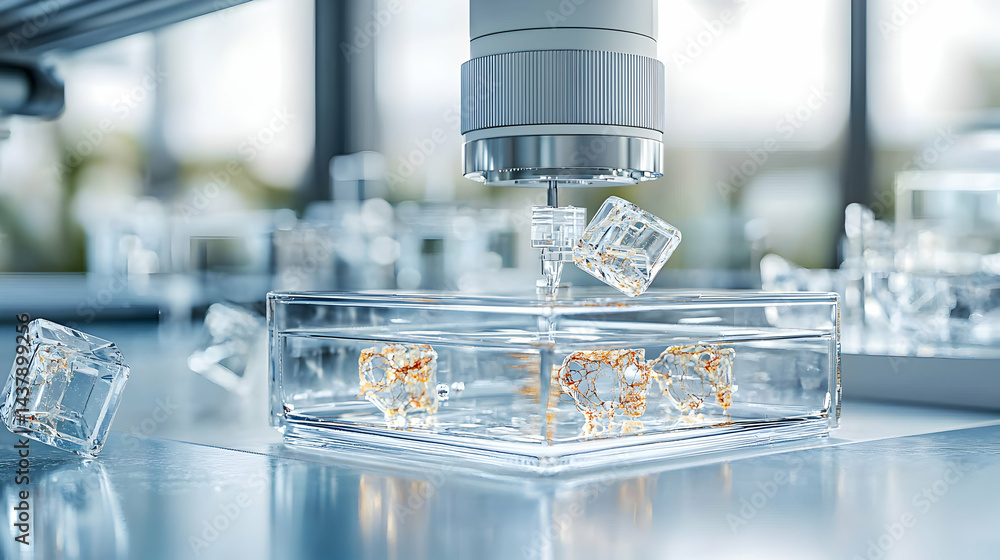 Poster image depicts a scientific laboratory scene. it seems to be a 3d bioprinting process creating intric