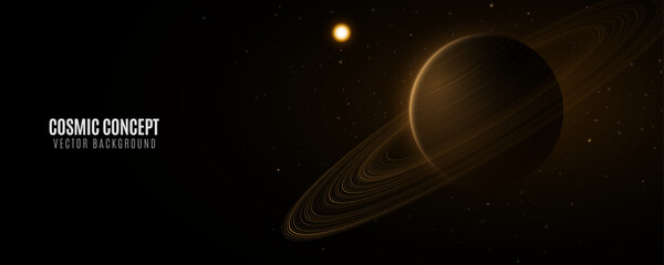 Galaxy science background. Planet Saturn with ring around and glowing sun. Abstract deep cosmos concept. Black outer space. Scientific presentation backdrop. Vector illustration © sersupervector