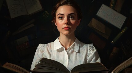 Intelligent expression in portrait lighting of a woman reading books studio environment artistic close-up