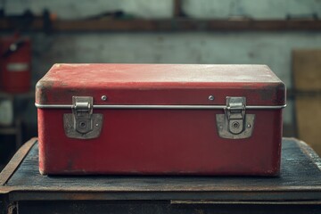 Vintage red metal toolbox resting on a dark surface.