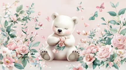 Obraz premium A serene bear character in a soft, watercolor style, surrounded by pastel hues and delicate florals