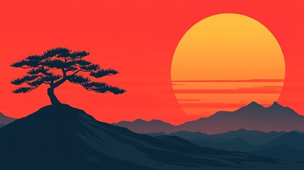 Lone tree silhouette on hilltop at sunset nature scene gigapixel quality serene environment artistic viewpoint