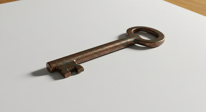 Aged Bronze Key Resting on a Minimalist White Surface With Wood Detail
