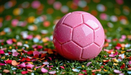 Pink soccer ball surrounded by sparkling confetti and glitter, creating a whimsical, fun