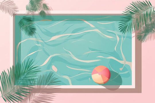Flat Design Swimming Pool with Colorful Beach Ball and Palm Leaves, Summer Vibe.