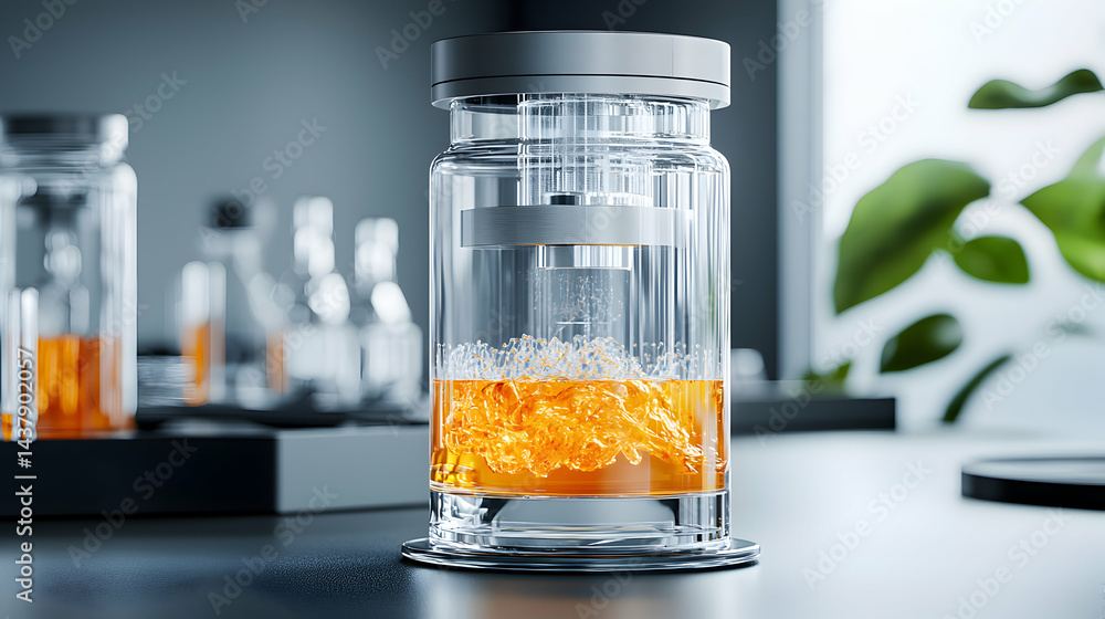 Poster a close-up of a transparent jar containing an orange liquid with a complex inner structure. this ima
