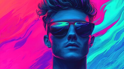 Surreal modern artistic portrait of a male figure vibrant colors digital art studio close-up expression