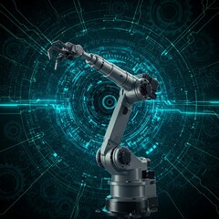 Industrial robot arm gears glowing tech background robotics