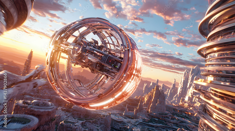 Poster futuristic cityscape with a spacecraft. high-tech architecture and a stunning sunset create a sci-fi