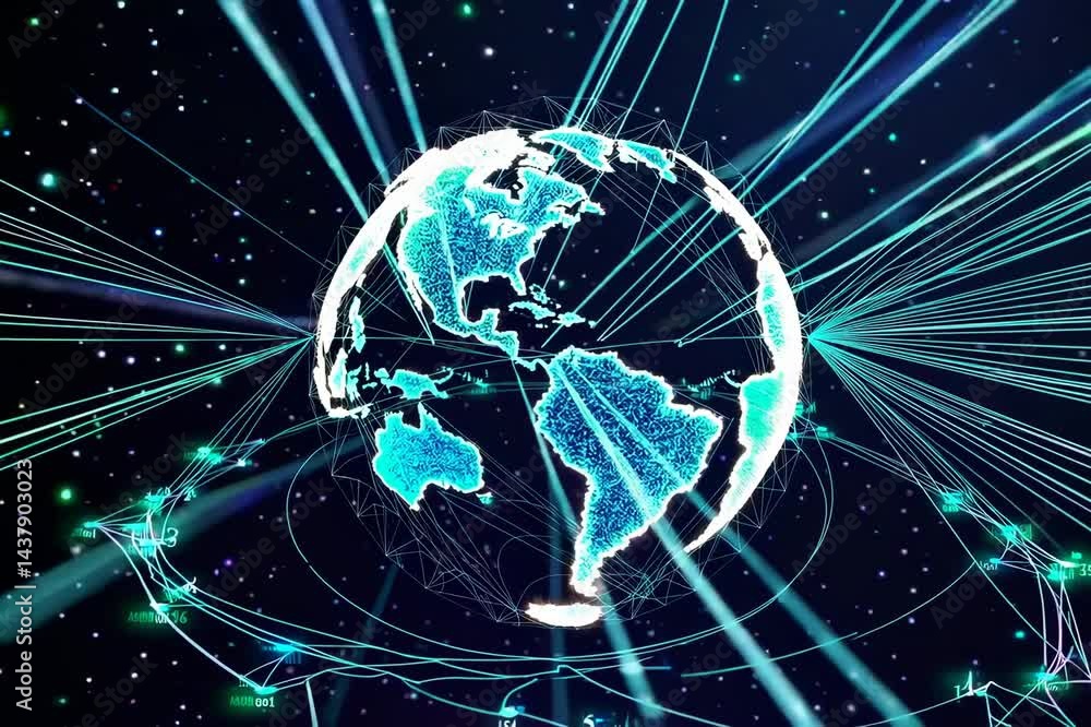 Poster global network animation represents the global it and virtual digital world through 4k tech animatio