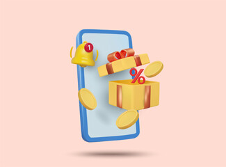 3D illustration vector render icon Mobile phone Open gift box Percent symbol Coins Notification bell Concept promotion, online shopping deal, e-wallet offer, financial app, mobile reward notification