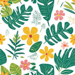 Tropical leaves and vibrant flowers, lush jungle theme with bright greens and yellows.Modern exotic design for paper, cover, fabric, interior decor and other users.