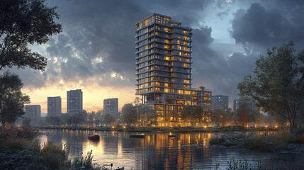 Residential high rise building by water, illuminated at dusk, surrounded by nature