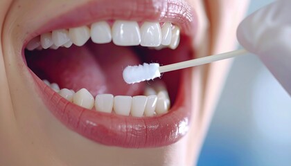 A close-up view of a healthcare professional collecting a DNA sample by swabbing the inside of a person's mouth in a clinic