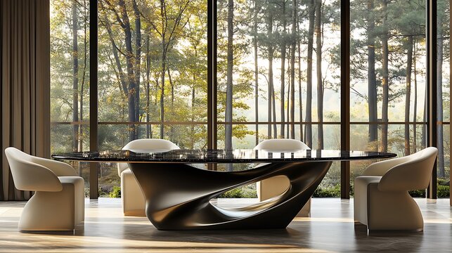 A striking centerpiece in the room, the sleek black marble dining table features an elegant, curved design, exuding modern luxury and sophisticated style.