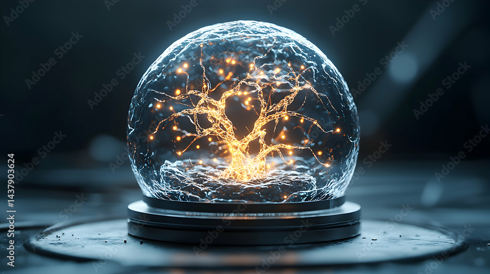 Poster a glowing tree inside a glass orb. suggests futuristic technology or a conceptual representation of 