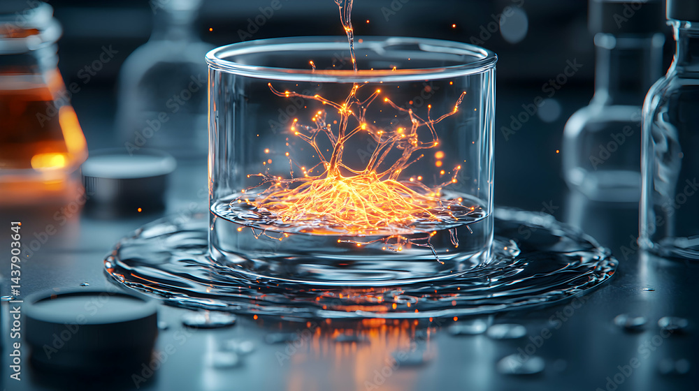 Poster an artistic lab scene showcasing a glowing neural network inside a glass. suggests scientific resear