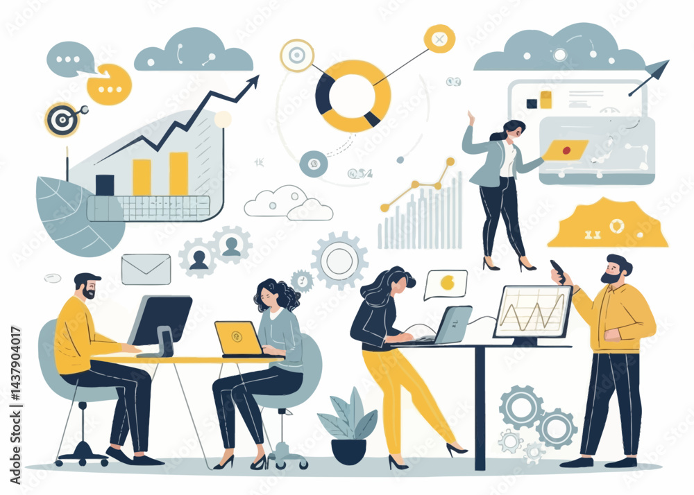 Poster illustration of office workers collaborating with data charts and graphs in a modern workspace setti