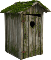 Rustic old wooden outhouse with mossy roof heart shaped vent isolated transparent background