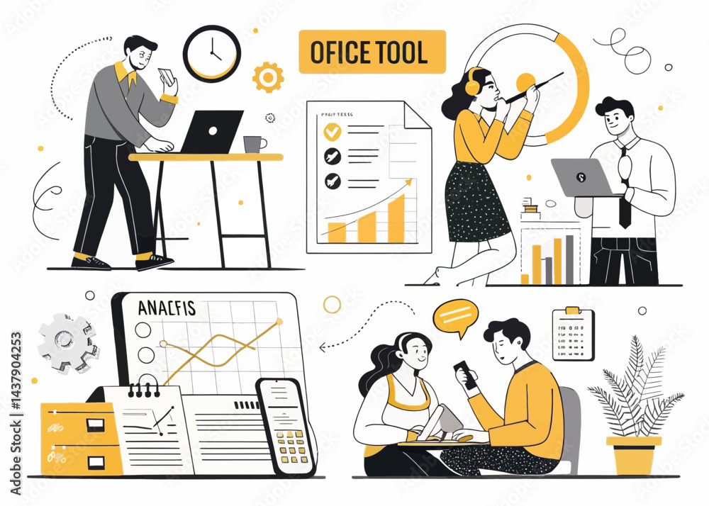 Poster illustration of office workers using various tools and analyzing data in a modern workspace setting