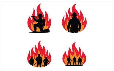 Firefighter Silhouette Action Hose Water Rescue Emergency Team Icon Set, firefighter, silhouette, action, hose, water, rescue, emergency, team, icon, uniform, helmet, spray, gear,