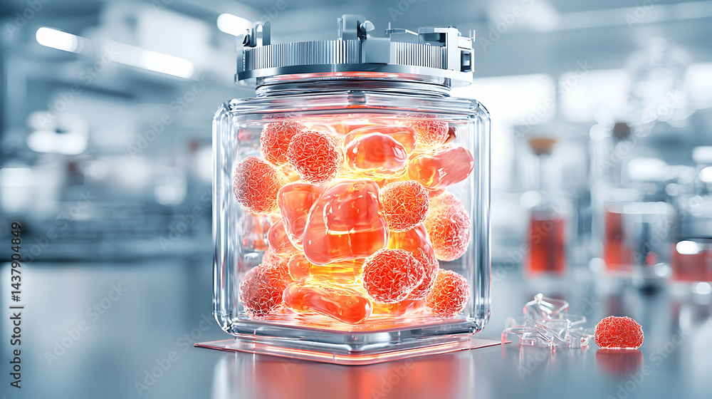 Poster a futuristic lab setup showcases a glass container filled with glowing cells representing research o