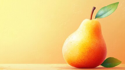 Fresh and Juicy Pear on a Soft Orange Background with Green Leaves for Food and Health Themes