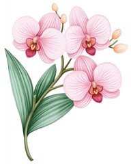 Naklejka premium A delicate watercolor painting showcases a cluster of elegant pink orchids blooming gracefully on a lush green stem with leaves, creating a beautiful floral arrangement perfect for