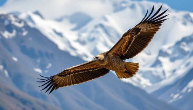 Himalayan griffon vulture soaring against a backdrop of snow capped mountains, showcasing the majesty and raw beauty of the wild.