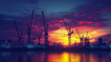 Fototapeta premium Silhouetted construction cranes at sunset over city skyline, creating dramatic scene